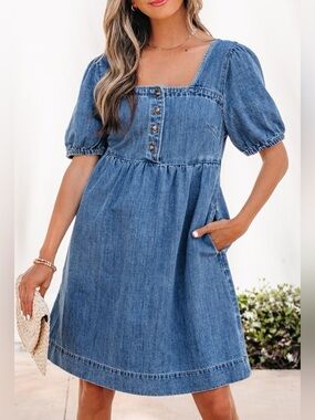 🩵Hello Gorgeous! Button-Front Puff Sleeve Denim Dress - Blue